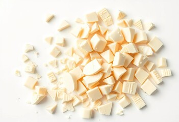 Irregular pieces of broken white chocolate, isolated on white Ideal for packaging design,  shards,  candy
