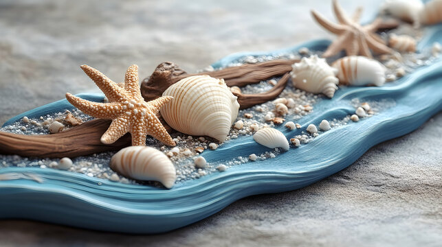 Decorative seashell and starfish arrangement on a light blue surface.