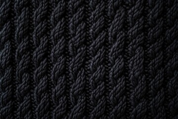 Close-up view of dark, textured knit fabric.  Intricate cable stitch pattern creates vertical lines.  Deep navy/black color