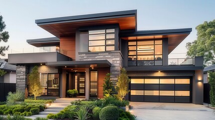 An impressive modern luxury house features stunning architecture and beautiful landscaping elements.