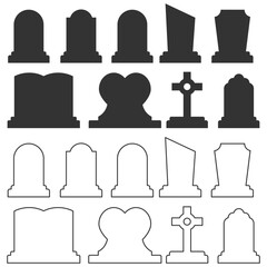 Set of tombstone icons in silhouette and outline style. Includes various gravestone shapes for cemetery, Halloween, or memorial design. Vector collection of headstone and grave icon silhouettes and
