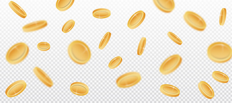 Realistic 3D golden coins falling on a transparent background. Perfect for financial, gaming, or jackpot-related content. Great for success, money, or economic concept designs.