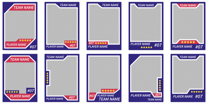 Set of clean and consistent sports trading card templates with red and blue design accents. Each card includes editable player name, team name, number, and star rating sections. Perfect for school