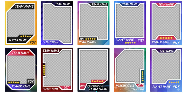 A set of modern and colorful sports trading card templates with transparent placeholders for photo customization. Includes editable player and team name areas, number tags, and rating stars.