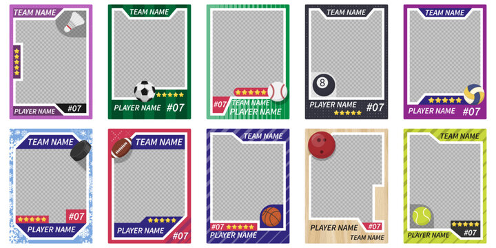 A colorful collection of blank sports trading card templates featuring various balls like soccer, basketball, baseball, tennis, and more. Ideal for creating custom sports player cards.