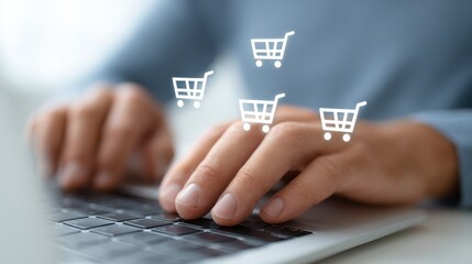 A person using a laptop surrounded by floating product images and shopping cart icons