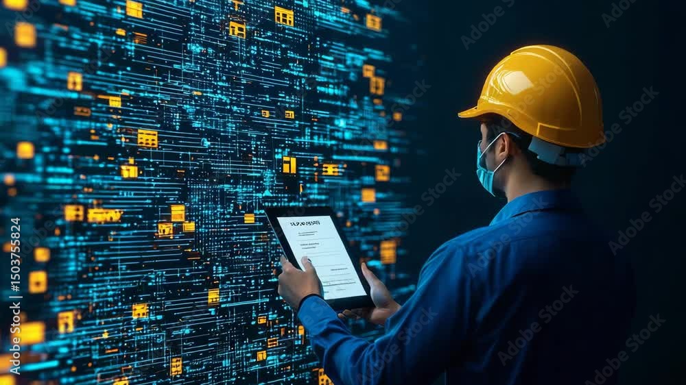 Poster an engineer in a hard hat and mask inspects digital data on a tablet in front of a glowing, futurist