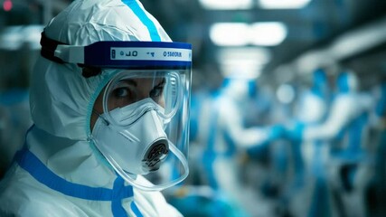 A healthcare worker in full protective gear and mask is standing in a busy, high-security medical facility. - Powered by Adobe