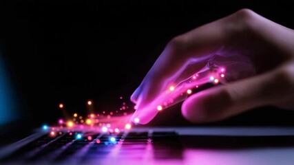 A hand touches a keyboard, creating glowing, colorful digital light trails in a dark, futuristic setting. - Powered by Adobe