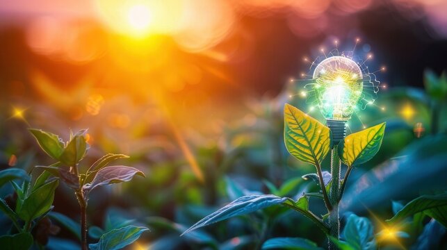 A lightbulb grows on a plant, symbolizing innovative ideas and sustainable energy.