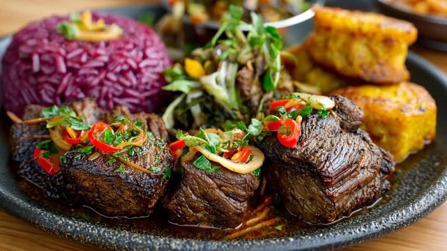 a Twice Cooked Pork China dish Sichuan cuisine with purple rice 