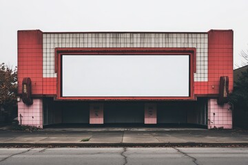 Fototapeta premium Abandoned vintage cinema facade with blank billboard in urban setting