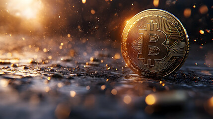 Golden bitcoin coin on a dark surface with sparks.