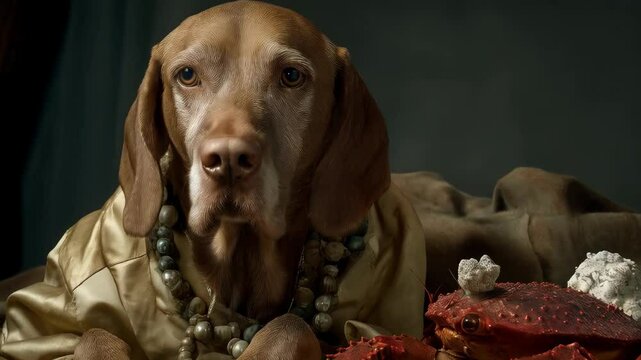 Elegant dog portrait wearing pearl necklace and gold gown posing with crab and textured backdrop in a painterly style