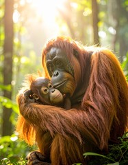 orangutan cradling her baby gently