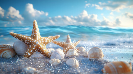 Seashells and starfish on a sandy beach.