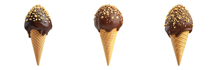 Isolated Chocolate Ice Cream Cones with Nuts on Transparent Background