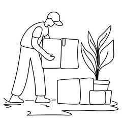 Mover holding a box and clipboard. A professional mover organizes items with a checklist. Great for conveying efficient logistics, inventory, or delivery. The mood is organized and trustworthy