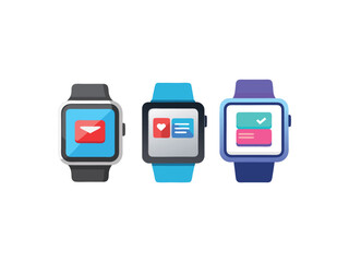 Three smartwatches with app icons isolated on white background
