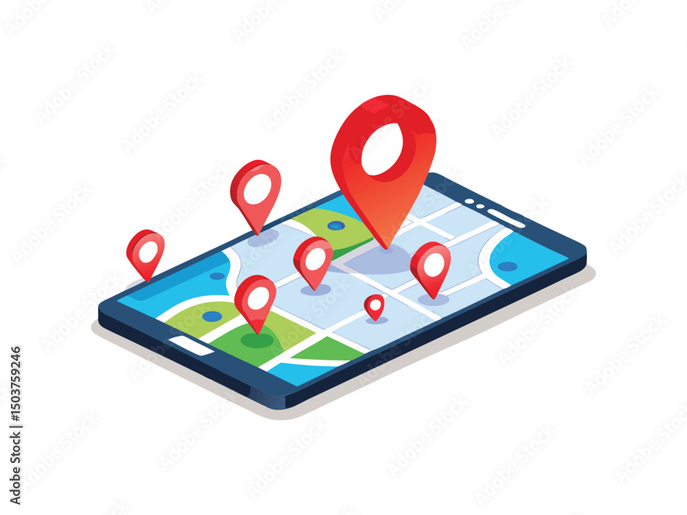 Poster smartphone map app with location pins isolated on white background