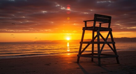 Empty lifeguard tower at sunset on sandy beach, dramatic orange sky over ocean horizon.