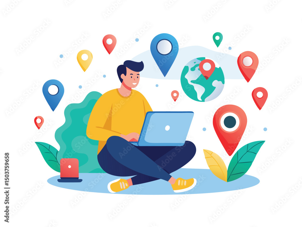 Poster man working on laptop with global location pins isolated on white background