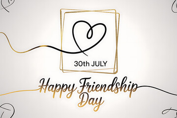 Minimalist Happy Friendship Day greeting with 30th July date in elegant black and gold typography and heart outline