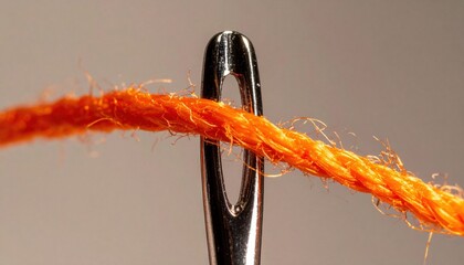 Close-Up Of Orange Thread Through Needle