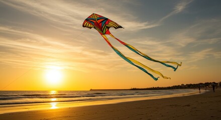 Colorful kite flying high over sandy beach at golden sunset, playful summer evening with ocean view.