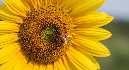 Naklejka premium Macro shot of honeybee on sunflower in full bloom