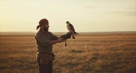 Falconer training a bird in open field during a beautiful warm sunset