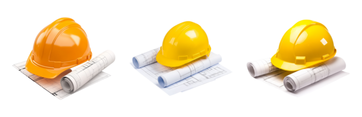 Construction Helmets with Architectural Plans on Isolated Background
