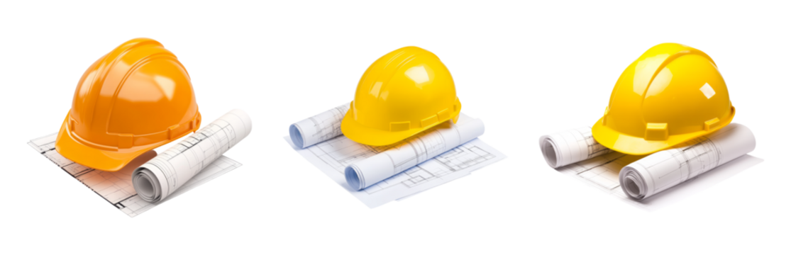 Construction Helmets with Architectural Plans on Isolated Background