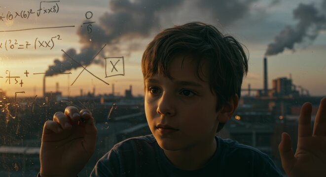 Young boy contemplates equations on window with industrial backdrop