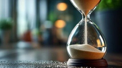 close up hourglass with white sand falling down, modern business space background - Powered by Adobe
