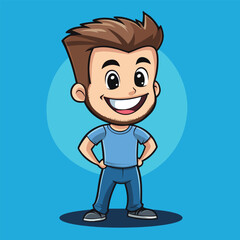 Fototapeta premium Cartoon man with spiky brown hair blue shirt and a wide happy smile