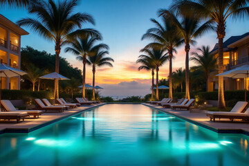 swimming pool at night with palm trees in the background