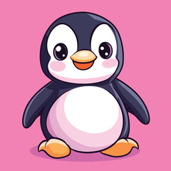 Cartoon Penguin with Large Eyes and Orange Feet Sitting Upright