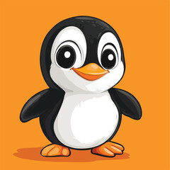 Cartoon Penguin with Large Eyes and Orange Feet Standing Upright