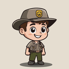 Cartoon Ranger Boy with Uniform and Hat Smiling with Big Eyes