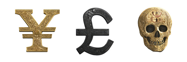 Fototapeta premium Textured yen and pound symbols with skull icon isolated on transparent background