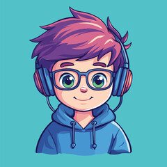 Cheerful Anime Boy in Blue Hoodie Wearing Headphones