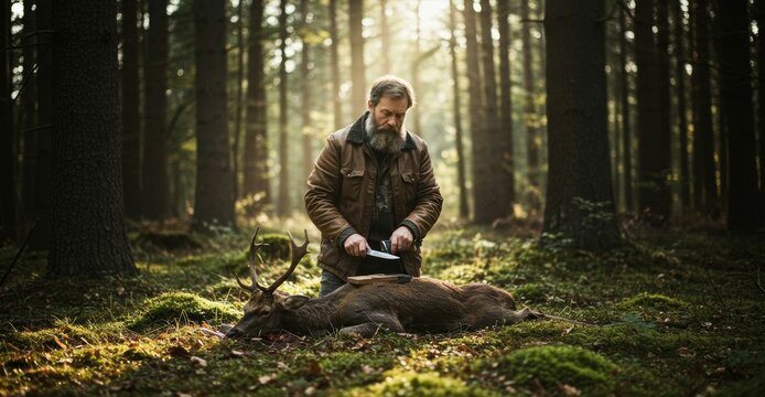 A bearded hunter prepares his deer game in a sunny forest clearing scene