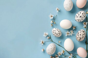 Fototapeta premium Web banner with Easter eggs and flower blossom over blue table background. Top view