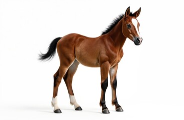 Obraz premium Panoramic illustration of adorable young brown foal isolated on white background. Cute purebred horse stands alone. Baby equine animal with lovely eyes. Equestrian theme.