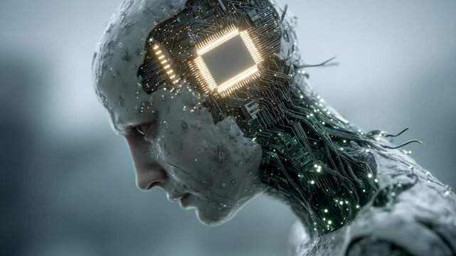close up humanoid android robotic human with processor chip on head with complex circuit pattern and wire, futuristic lifestyle 