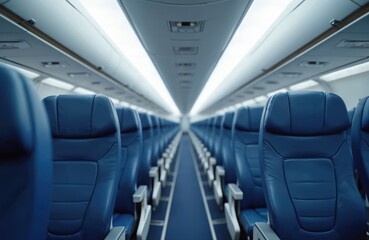 Obraz premium Aircraft interior view with rows blue seats. Corridor with overhead compartments leads to rear of cabin. Airplane interior with passenger seats. Travel concept.