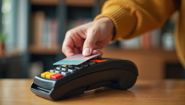Hand inserts credit card into payment terminal. Person makes digital purchase. Modern retail, cashless transaction at shop. Contactless, secure financial payment. Fast, easy pay with chip card.