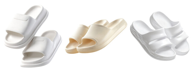 Set of white and cream foam slide sandals isolated on transparent background

