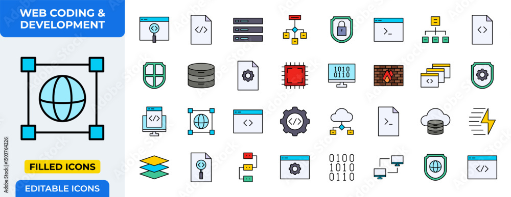 Poster web coding & development filled icons set: programming, database, server, security, cloud, network, 